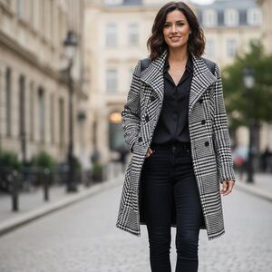 Ricki's Stunning Houndstooth Overcoat with Leather Detail for career women